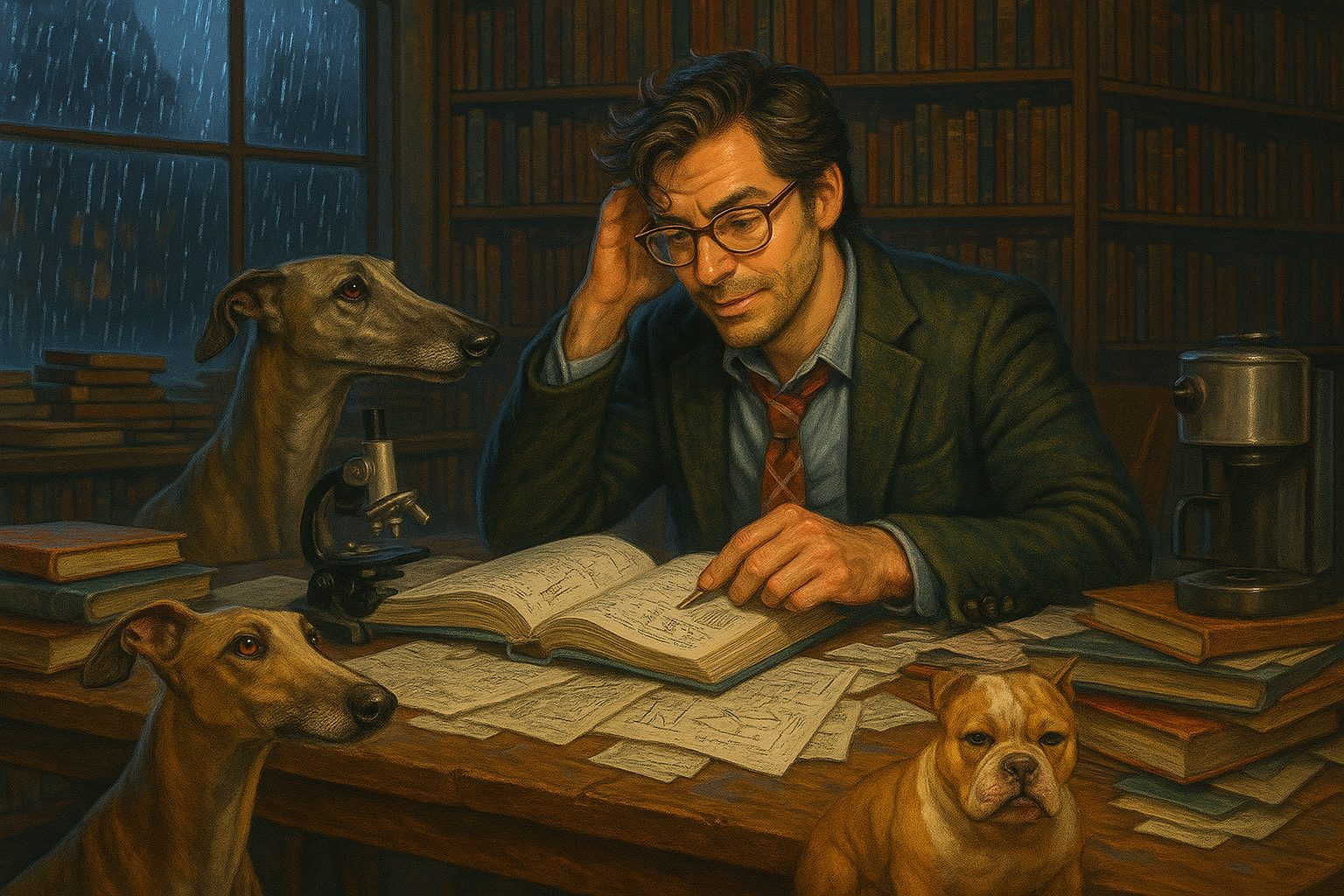 Scholar working late at night in a library